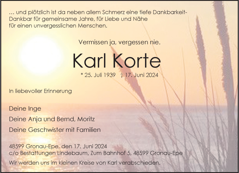  Traueranzeige für Karl Korte vom 22.06.2024 aus 