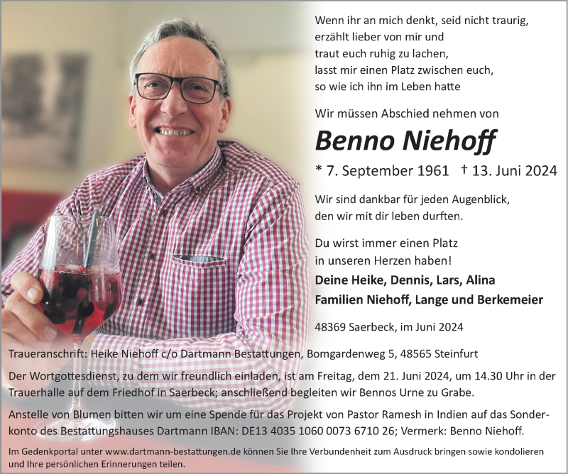  Traueranzeige für Benno Niehoff vom 15.06.2024 aus 