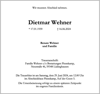 Anzeige von Dietmar Wehner 