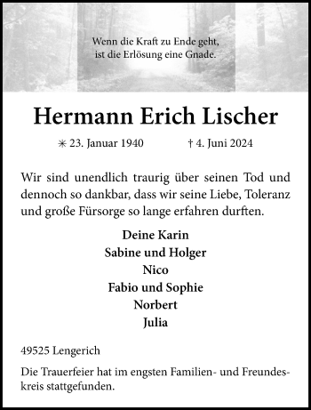 Anzeige von Hermann Erich Lischer 