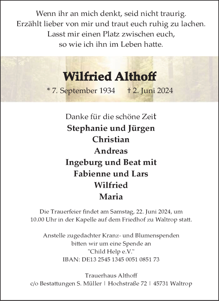  Traueranzeige für Wilfried Althoff vom 15.06.2024 aus 