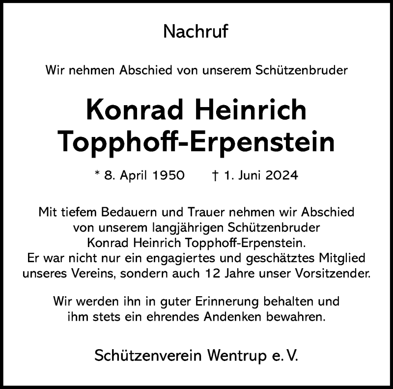  Traueranzeige für Konrad Heinrich Topphoff-Erpenstein vom 08.06.2024 aus 