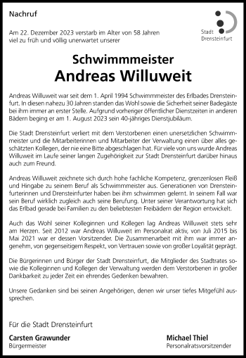 Anzeige von Andreas Willuweit 