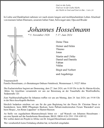 Anzeige von Johannes Hosselmann 