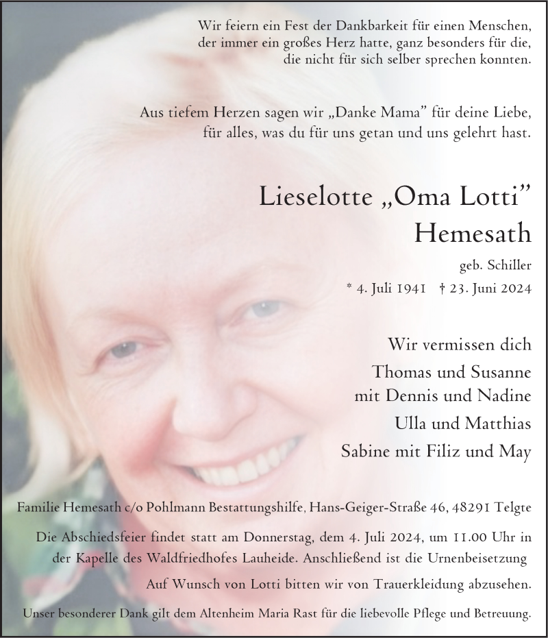  Traueranzeige für Lieselotte Hemesath vom 29.06.2024 aus 