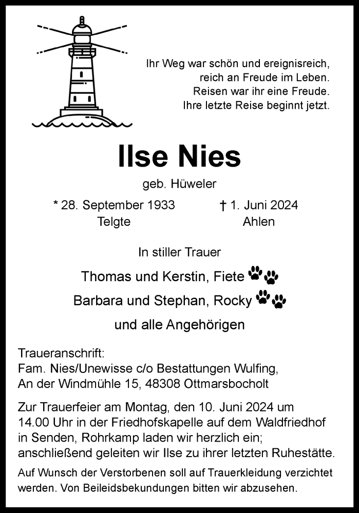  Traueranzeige für Ilse Nies vom 08.06.2024 aus 