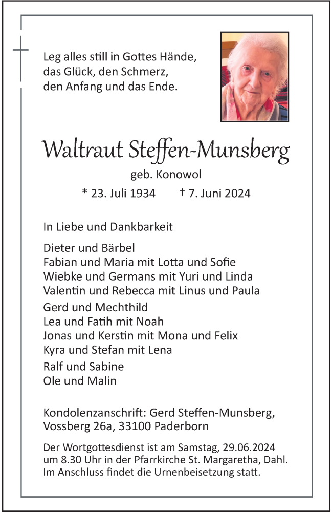  Traueranzeige für Waltraut Steffen-Munsberg vom 15.06.2024 aus 