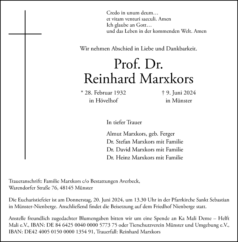  Traueranzeige für Prof. Dr. Reinhard Marxkors vom 15.06.2024 aus 