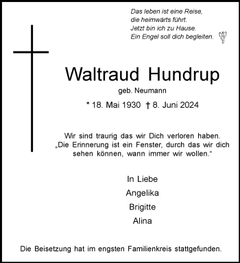 Anzeige von Waltraud Hundrup 