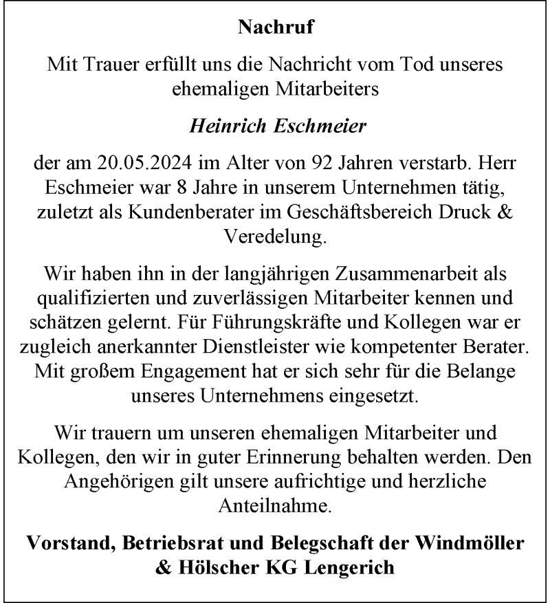  Traueranzeige für Heinrich Eschmeier vom 08.06.2024 aus 