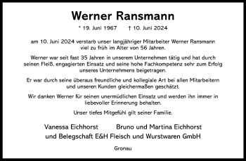 Anzeige von Werner Ransmann 