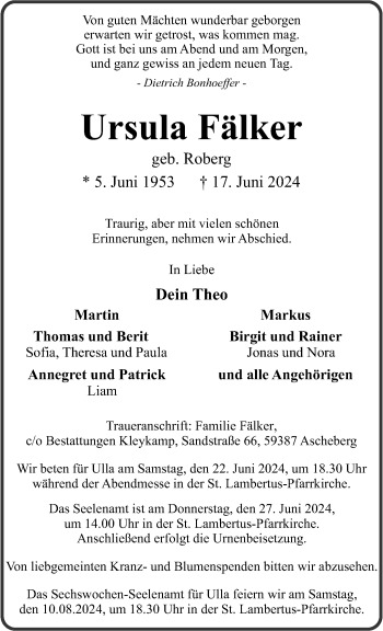 Anzeige von Ursula Fälker 
