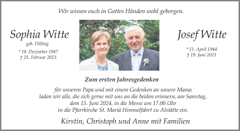 Anzeige von Josef und Sophia Witte 