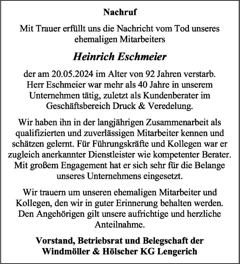  Traueranzeige für Heinrich Eschmeier vom 20.06.2024 aus 