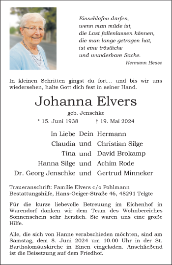 Anzeige von Johanna Elvers 