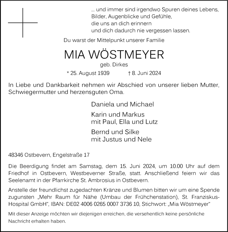  Traueranzeige für Mia Wöstmeyer vom 12.06.2024 aus 