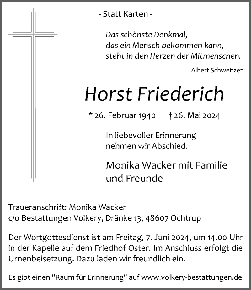  Traueranzeige für Horst Friederich vom 01.06.2024 aus 