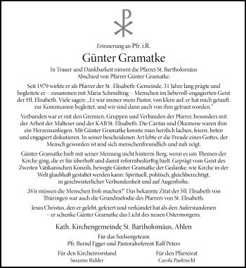 Anzeige von Günter Gramatke 