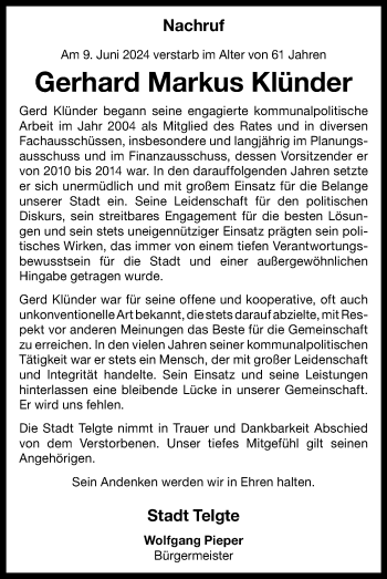 Anzeige von Gerhard Markus Klünder 