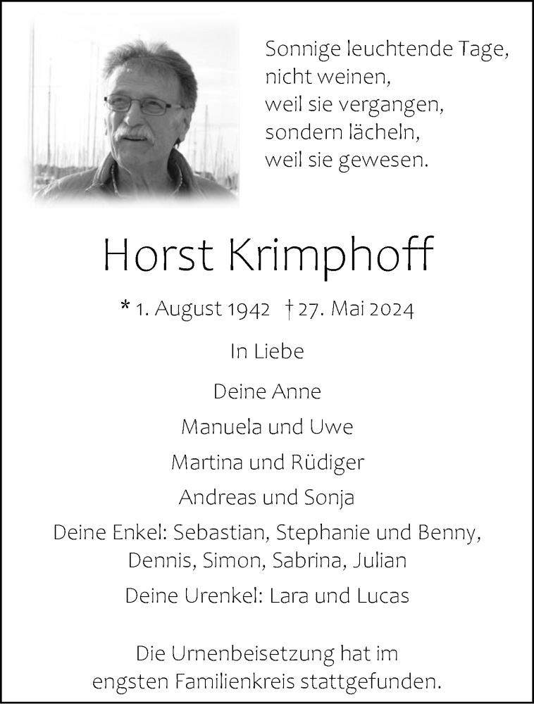  Traueranzeige für Horst Krimphoff vom 15.06.2024 aus 