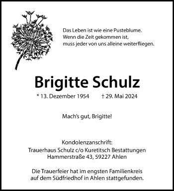 Anzeige von Brigitte Schulz 