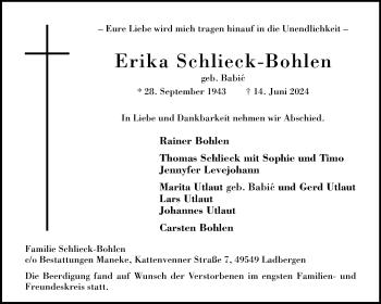 Anzeige von Erika Schlieck-Bohlen 
