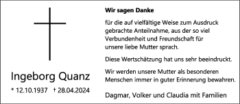 Anzeige von Ingeborg Quanz 