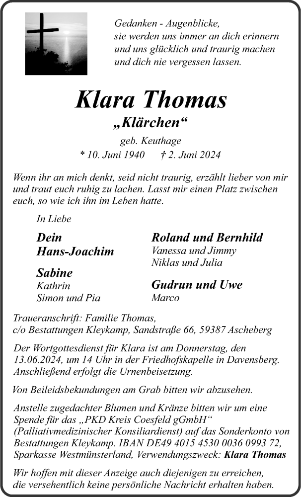  Traueranzeige für Klara Thomas vom 08.06.2024 aus 