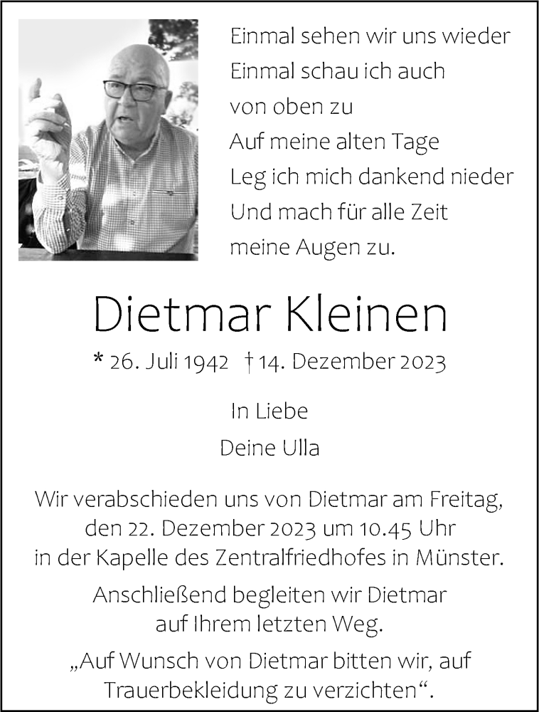  Traueranzeige für Dietmar Kleinen vom 20.12.2023 aus 