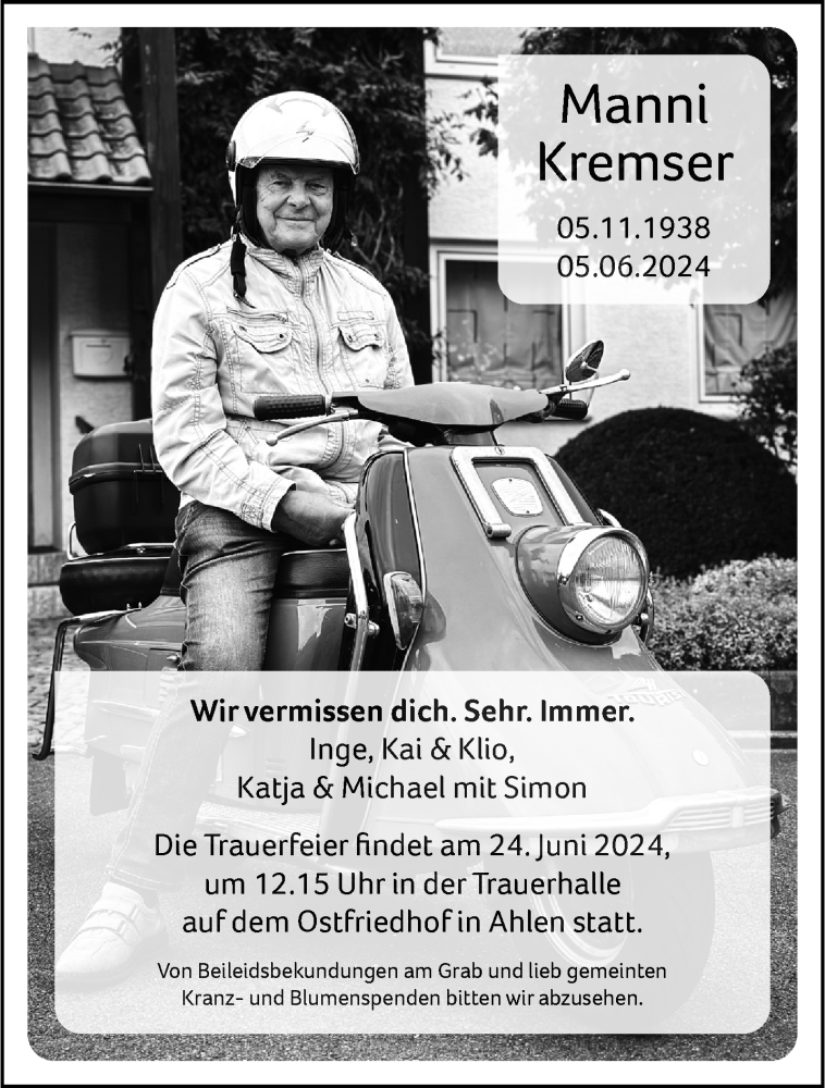  Traueranzeige für Manni Kremser vom 15.06.2024 aus 