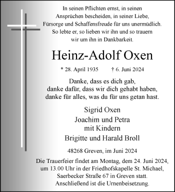 Anzeige von Heinz-Adolf Oxen 