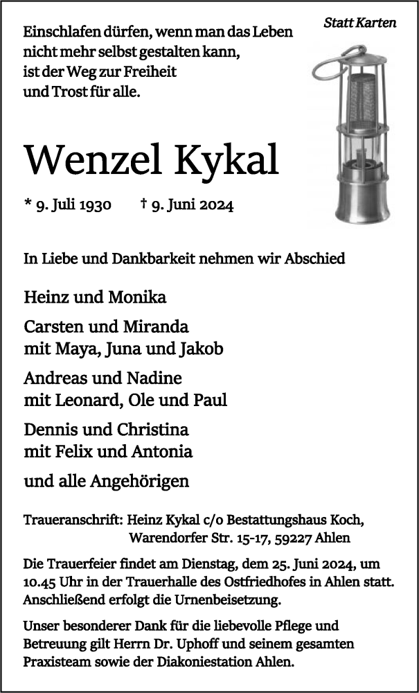  Traueranzeige für Wenzel Kykal vom 15.06.2024 aus 