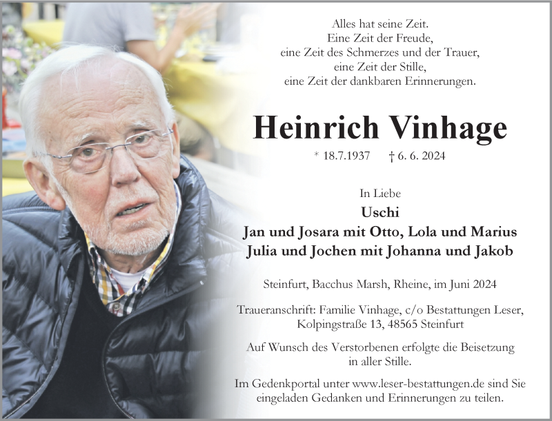  Traueranzeige für Heinrich Vinhage vom 15.06.2024 aus 