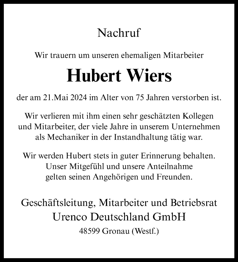  Traueranzeige für Hubert Wiers vom 07.06.2024 aus 