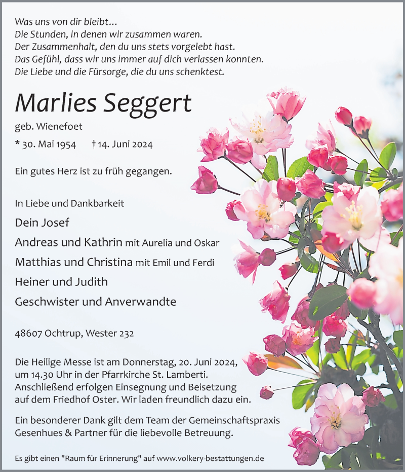  Traueranzeige für Marlies Seggert vom 18.06.2024 aus 