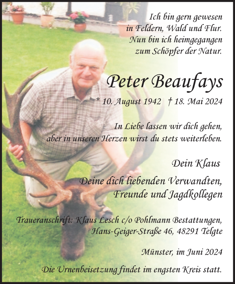  Traueranzeige für Peter Beaufays vom 08.06.2024 aus 