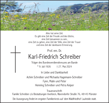 Anzeige von Prof. em. Dr. Karl-Friedrich Schreiber 