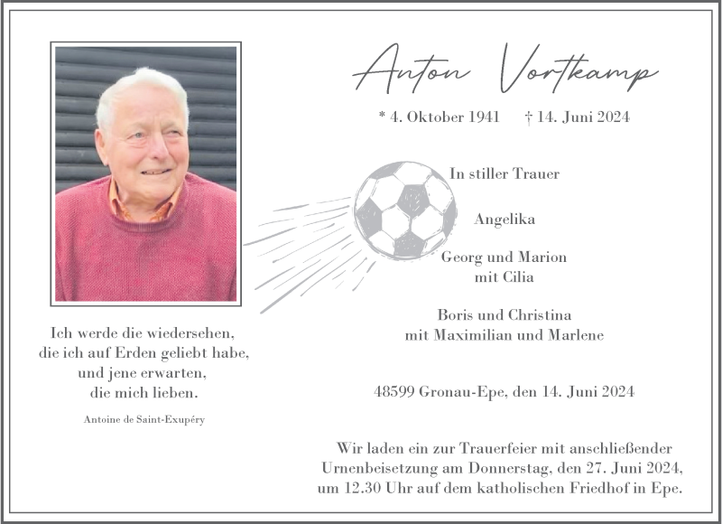  Traueranzeige für Anton Vorthamp vom 22.06.2024 aus 