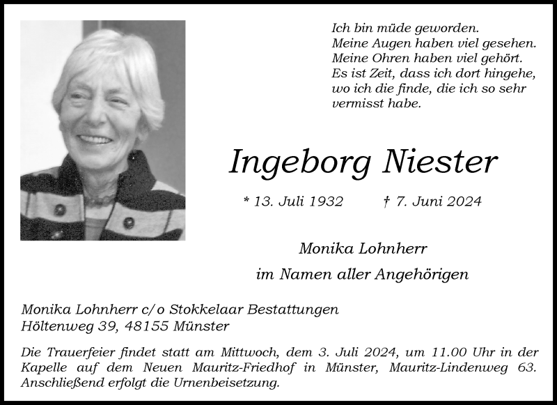  Traueranzeige für Ingeborg Niester vom 22.06.2024 aus 
