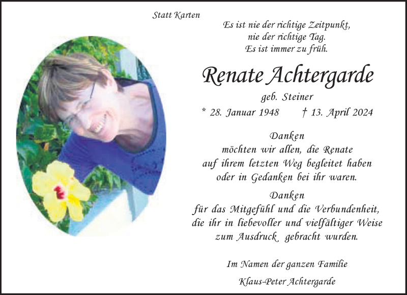  Traueranzeige für Renate Achtergarde vom 01.06.2024 aus 