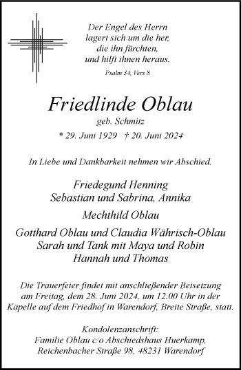 Anzeige von Friedlinde Oblau 