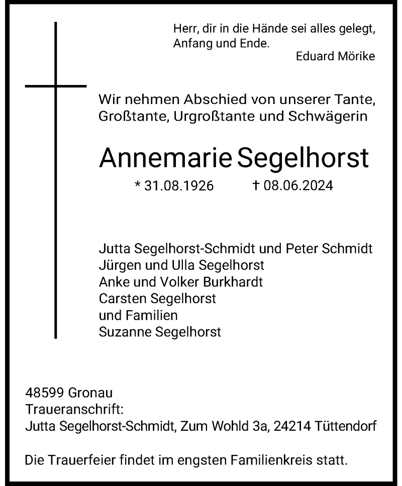  Traueranzeige für Annemarie Segelhorst vom 21.06.2024 aus 