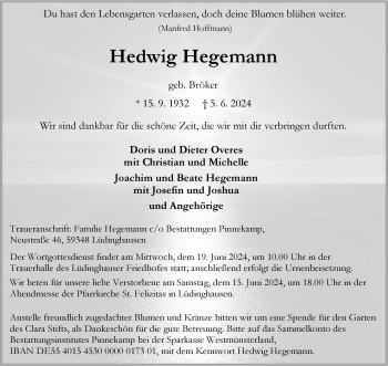 Anzeige von Hedwig Hegemann 
