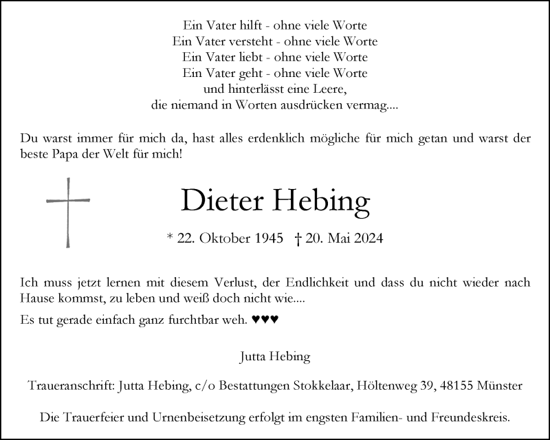  Traueranzeige für Dieter Hebing vom 01.06.2024 aus 