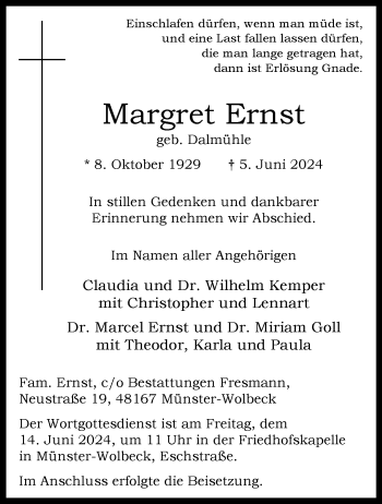 Anzeige von Margret Ernst 