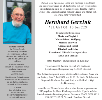 Anzeige von Bernhard Gervink 