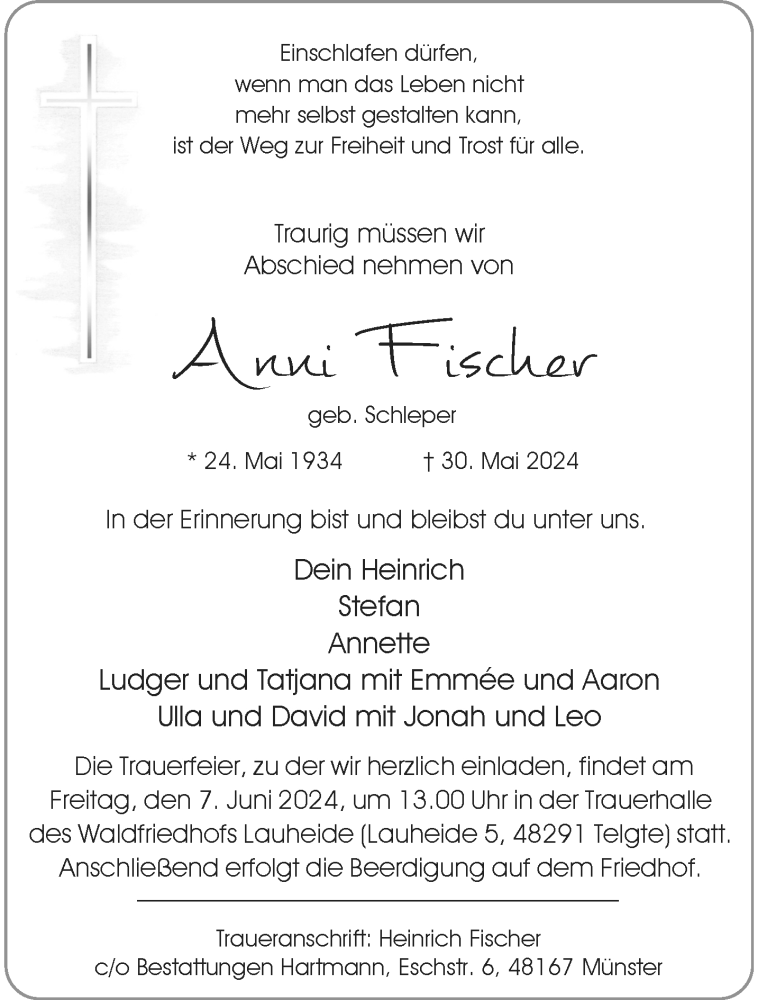  Traueranzeige für Anni Fischer vom 01.06.2024 aus 