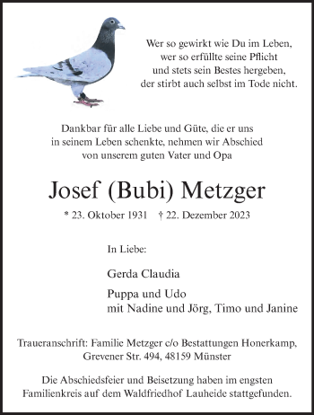 Anzeige von Josef Metzger 