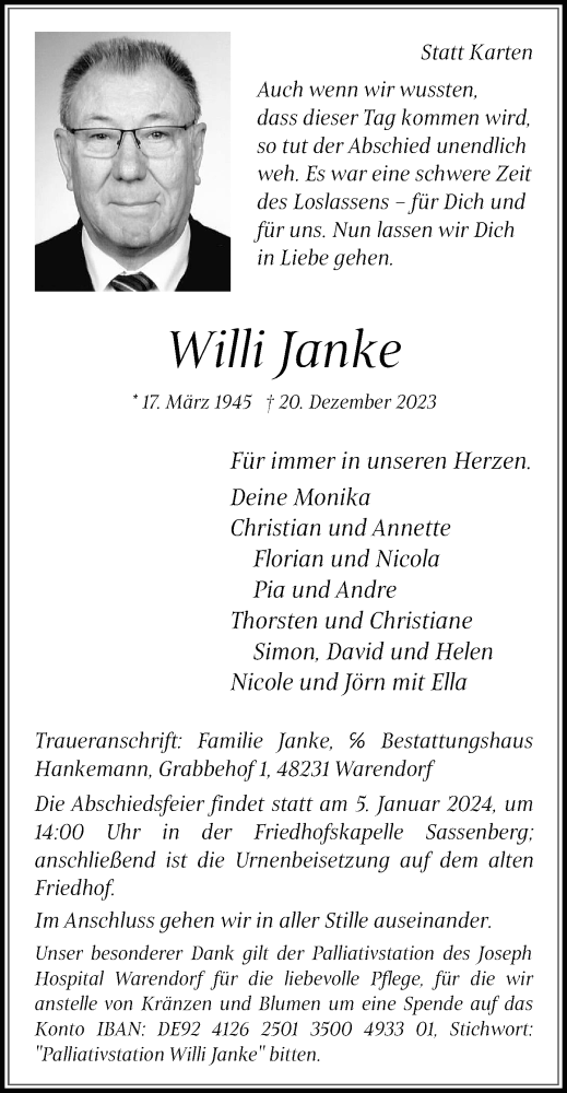  Traueranzeige für Willi Janke vom 30.12.2023 aus 