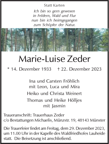 Anzeige von Marie-Luise Zeder 